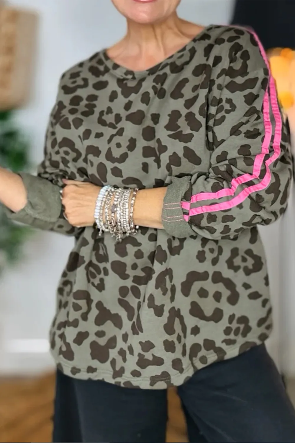 Green Leopard Print Varsity Striped Top