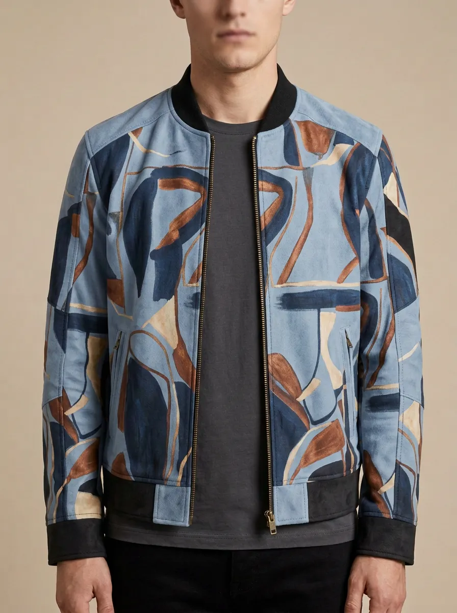 Abstract Print Ribbed Trim Bomber Jacket