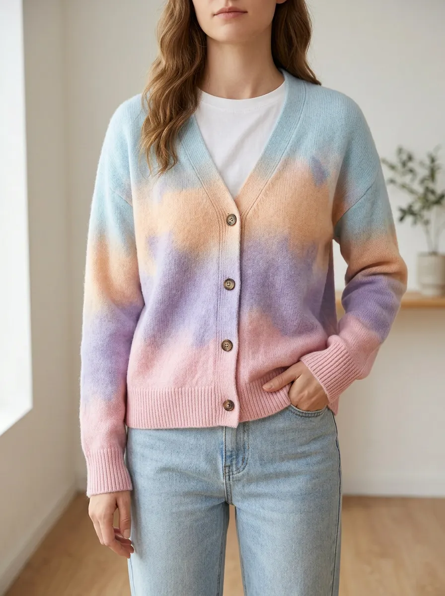 Women's Pastel Tie-Dye Pattern Printed Ribbed Trim Transitional Layering Cardigan