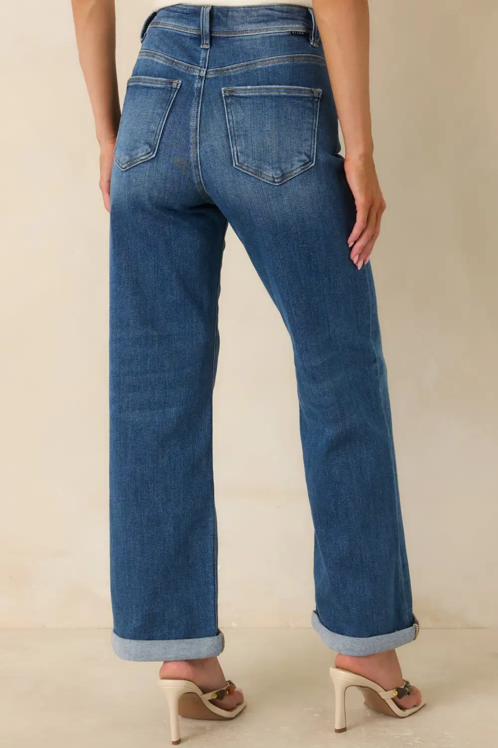 Roll Medium Wash High Rise Cuffed Straight Leg Jeans