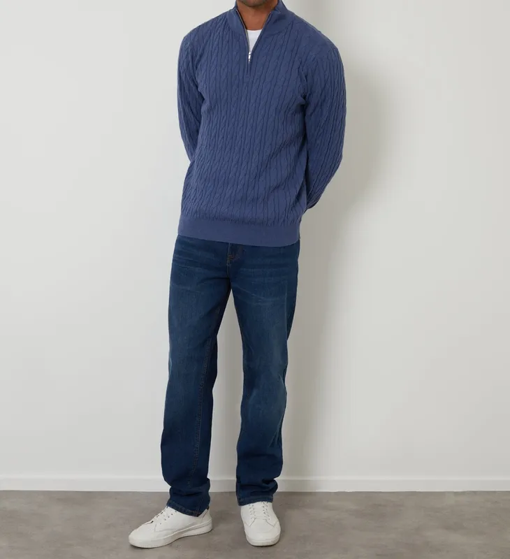 Blue Cable-Knit Quarter-Zip Sweater