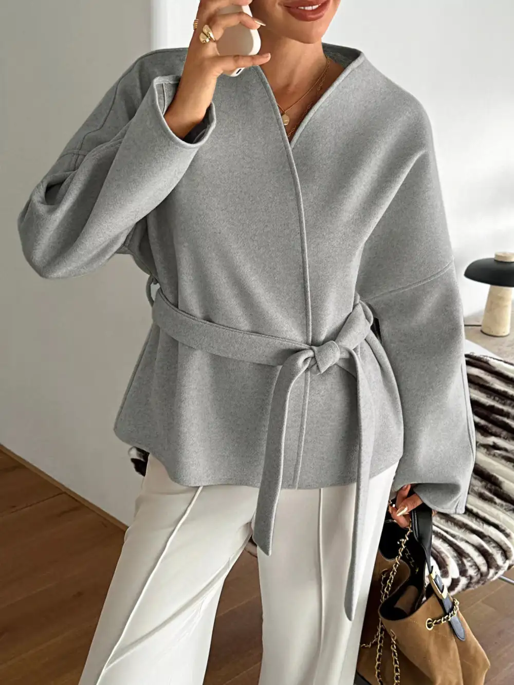 Surplice Dropped Shoulder Tie Belt Outerwear