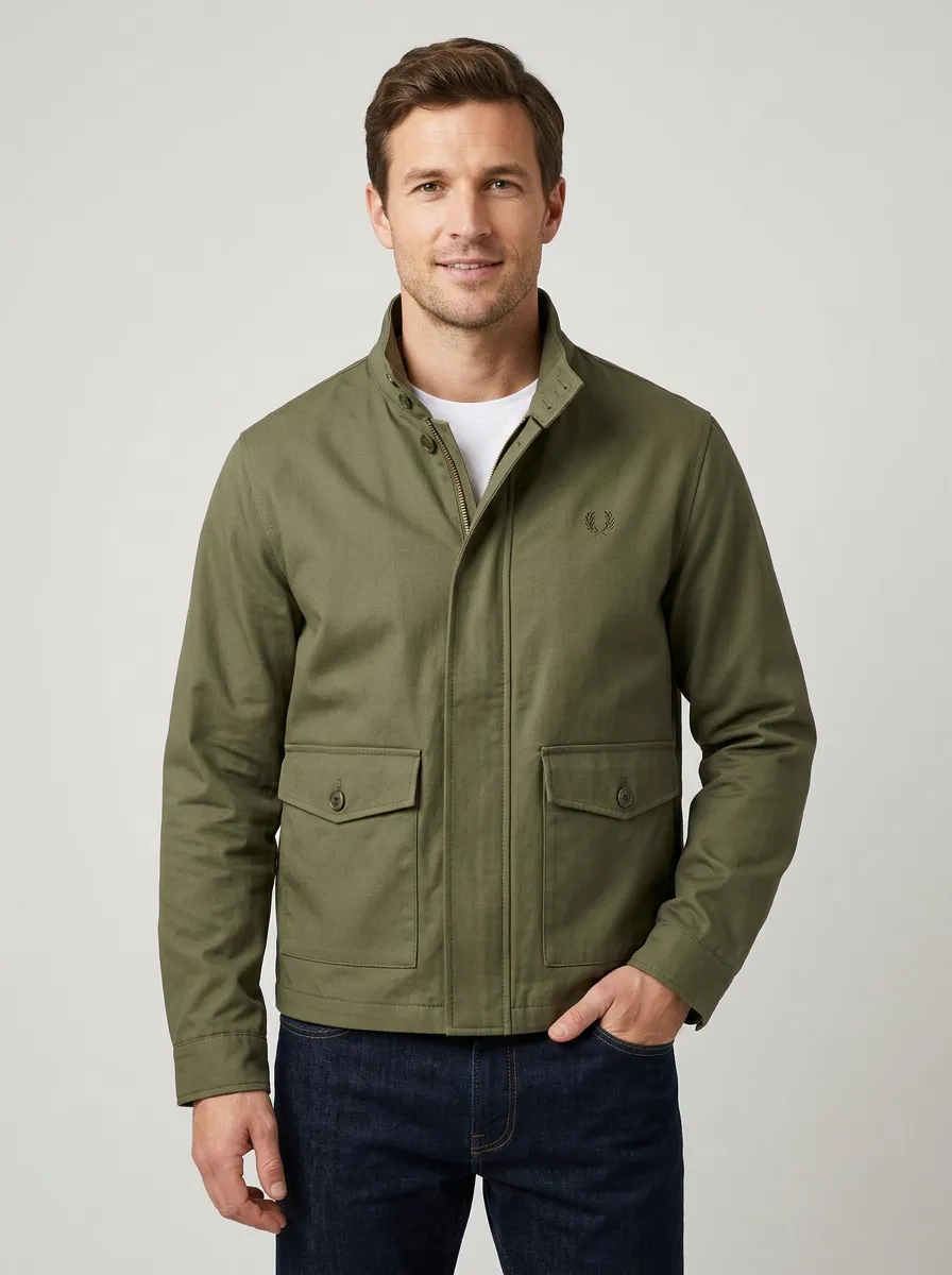 Men's Casual Olive Green Utility Embroidered Logo Jacket
