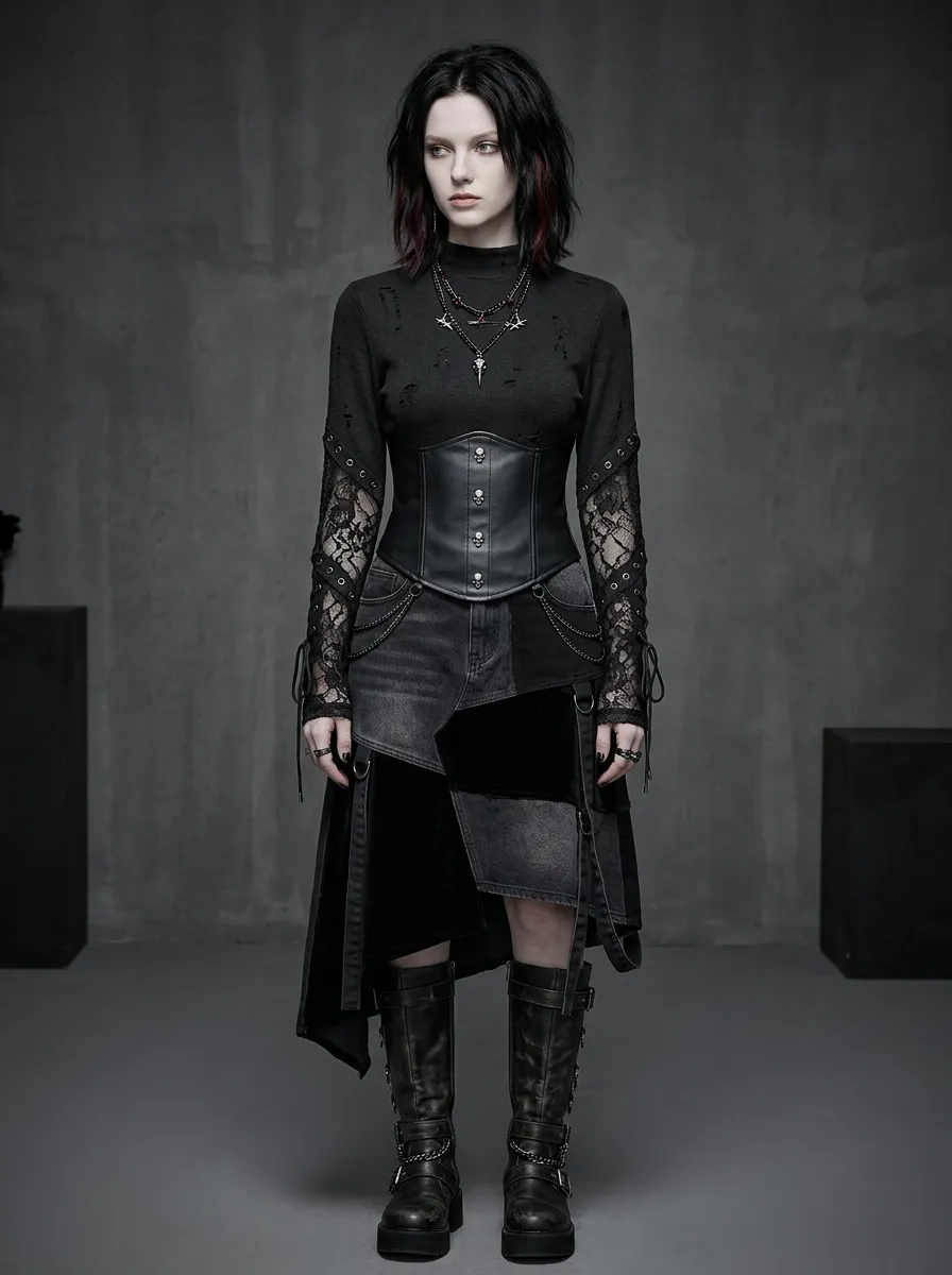Women's Gothic Punk Lace Sleeve Distressed Printed Top