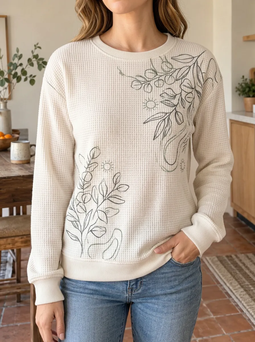 Women's Botanical Sun Line Art Printed Waffle Knit Crewneck Sweatshirt