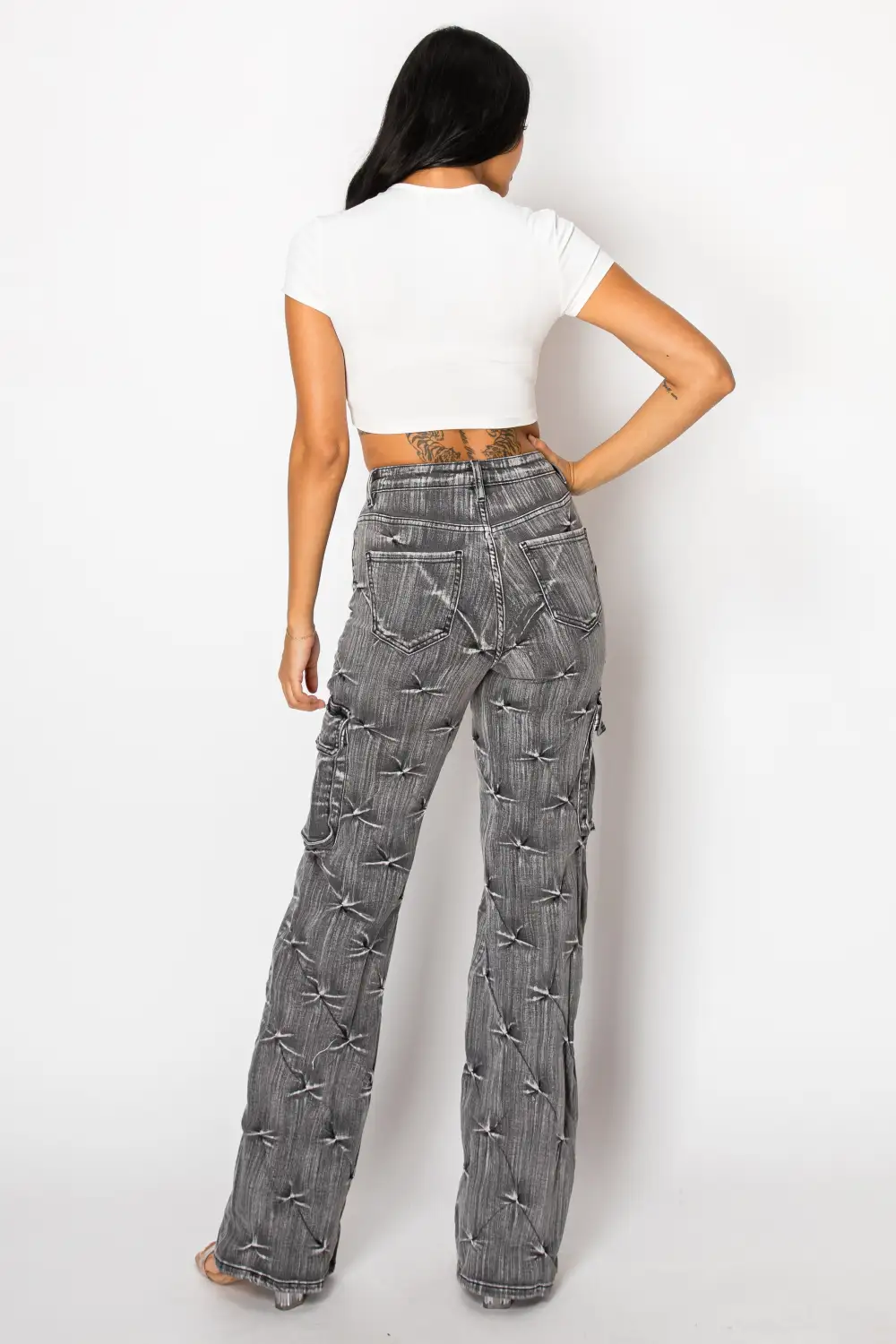 High-Rise Straight-Leg Distressed Cargo Jeans