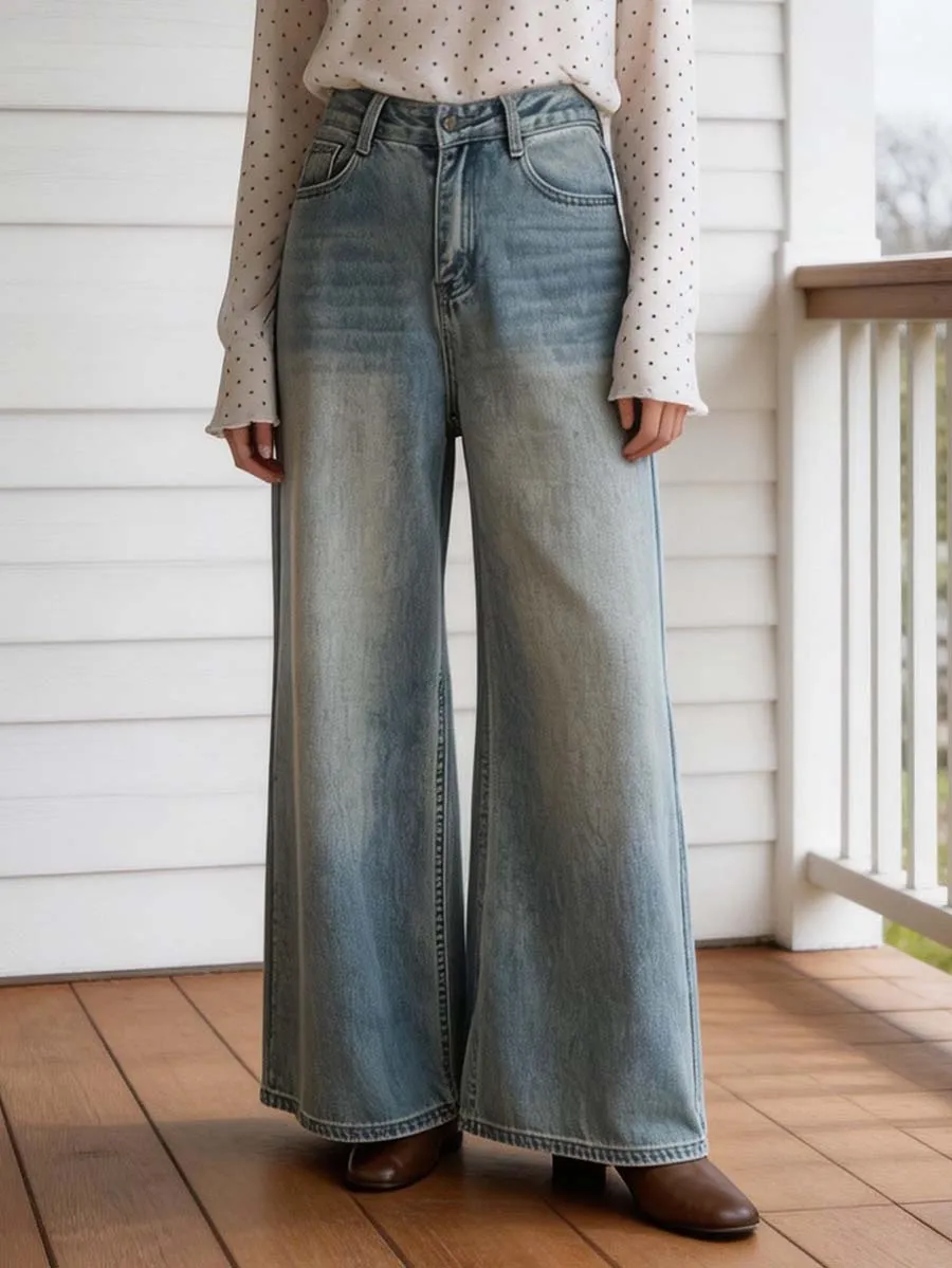 High Waist Relaxed Fit Wide Leg Pocket Jeans