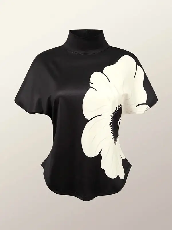 Short Sleeve Slim Fit Floral Print High Neck T-Shirt