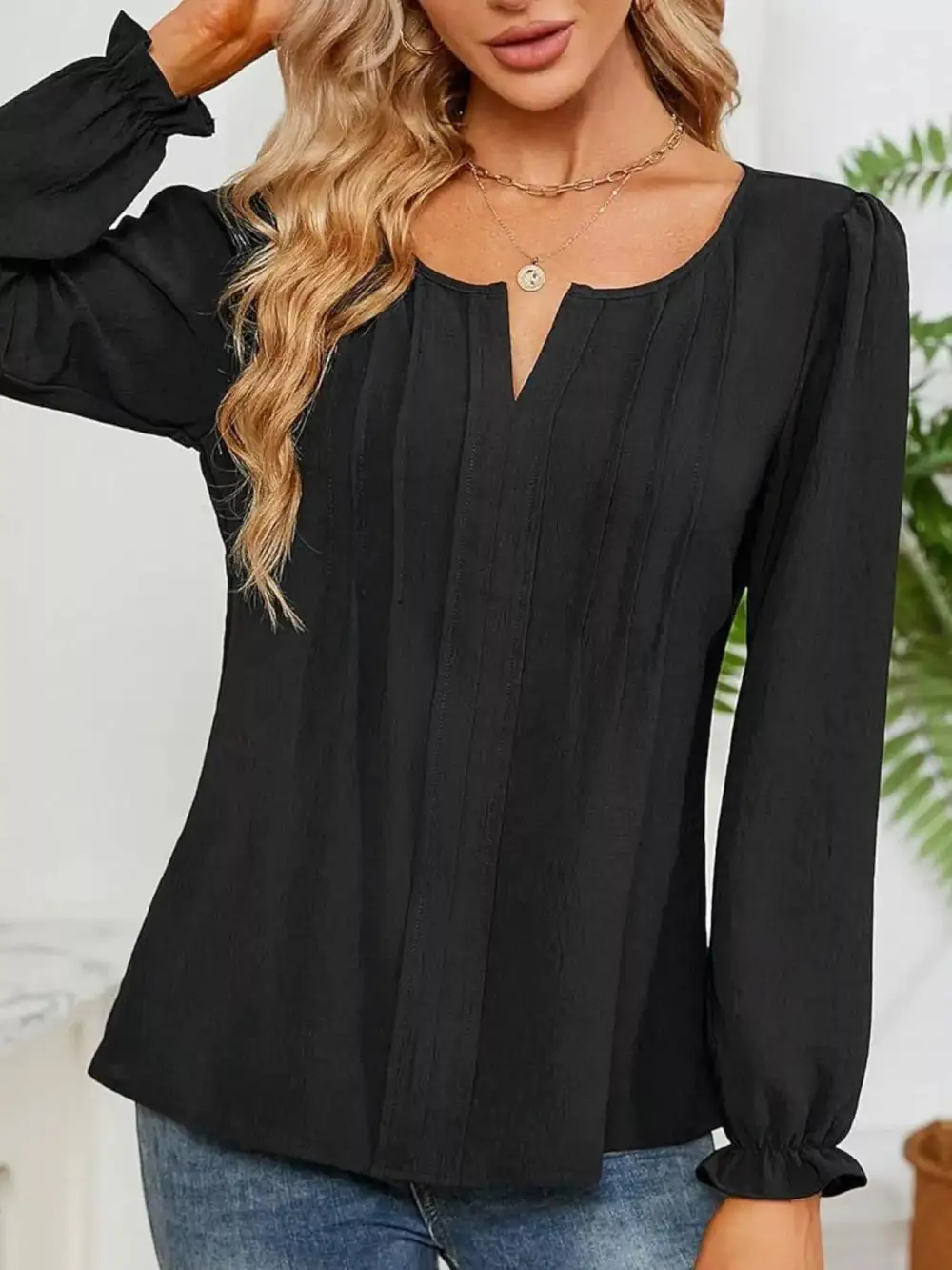 Notched-Neck Ruffle-Cuff Blouse