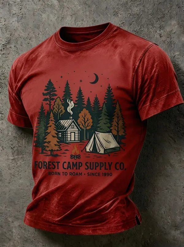 Men's Camping Lover Forest Cabin Tent Printed T-shirt