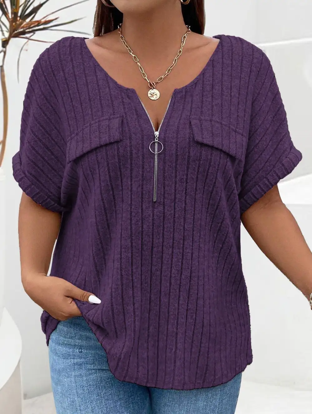 Ribbed V-Neck Knit Top