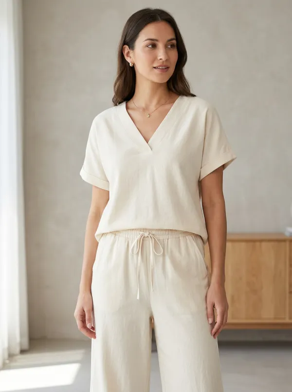 Modern Short-Sleeve Women's V-Neck Casual Lounge Set