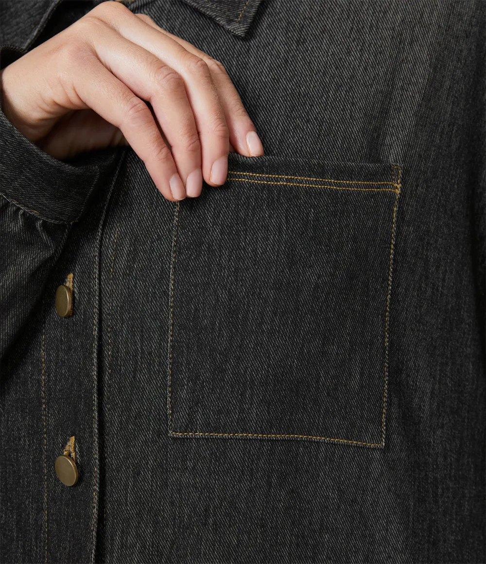 Magic Collared Multiple Pockets Button Front Split Curved Hem Stretchy Knit Denim Work Oversize Jacket
