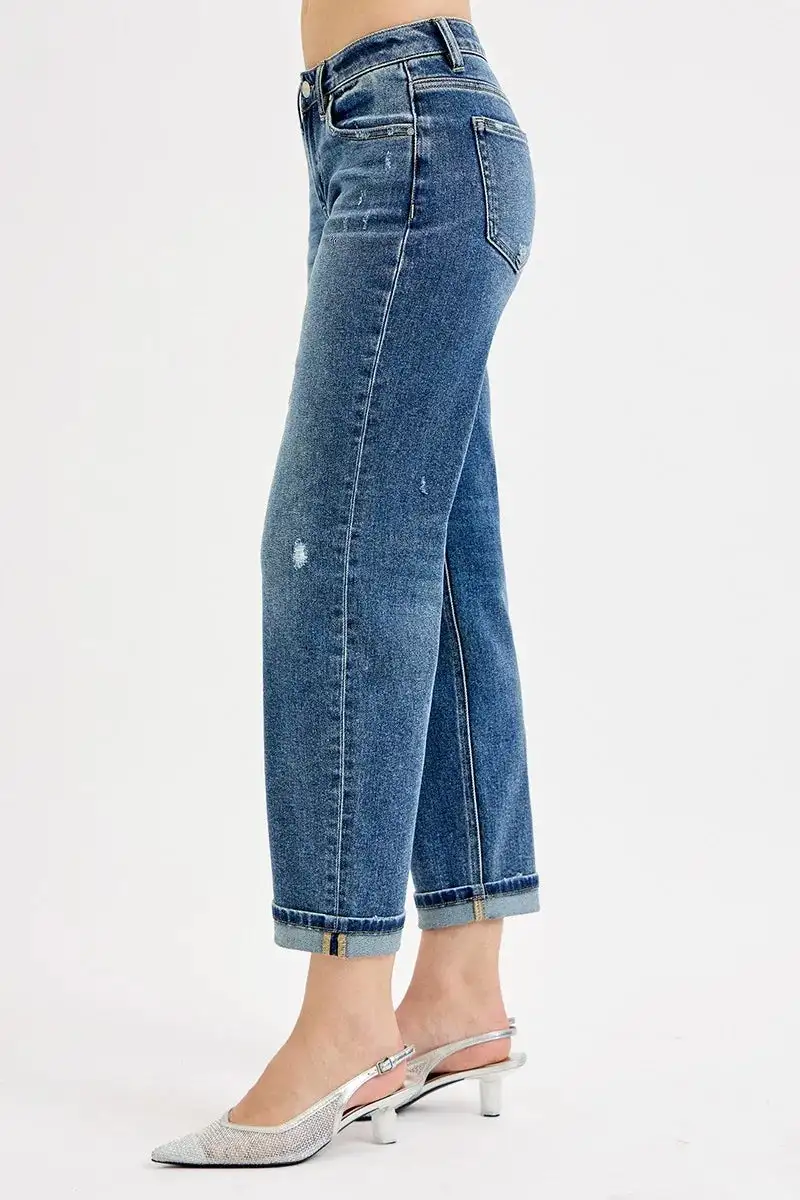 Mid-Rise Low-Rise Cropped Distressed Straight Leg Jeans