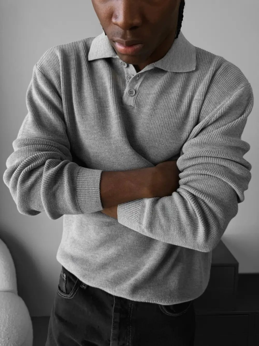 Knit Polo Collar Sweatershirt