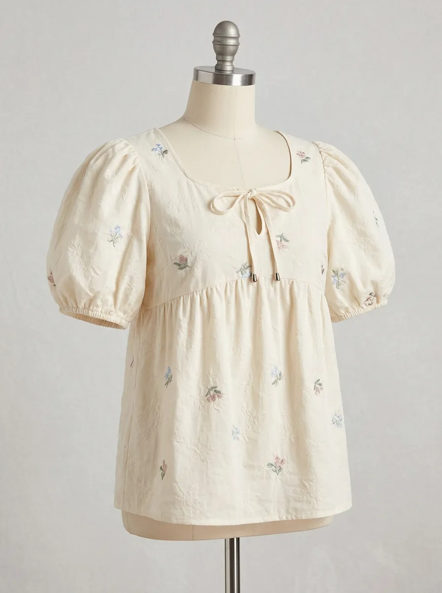Eyelet Floral Square-Neck Women's Puff-Sleeve Blouse