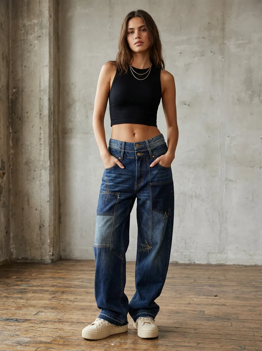 Women's Vintage Style Patchwork Denim Printed Jeans