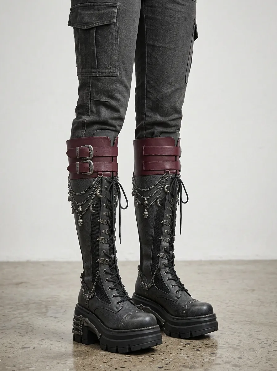 Classic Gothic Skull Bat Moon Profile Women's Gothic Platform Boots