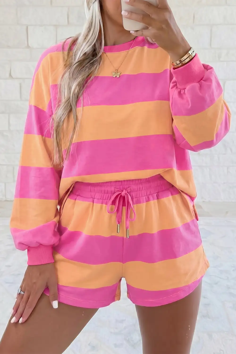 Women's Long Sleeve Casual Top Drawstring Shorts Two Piece Set