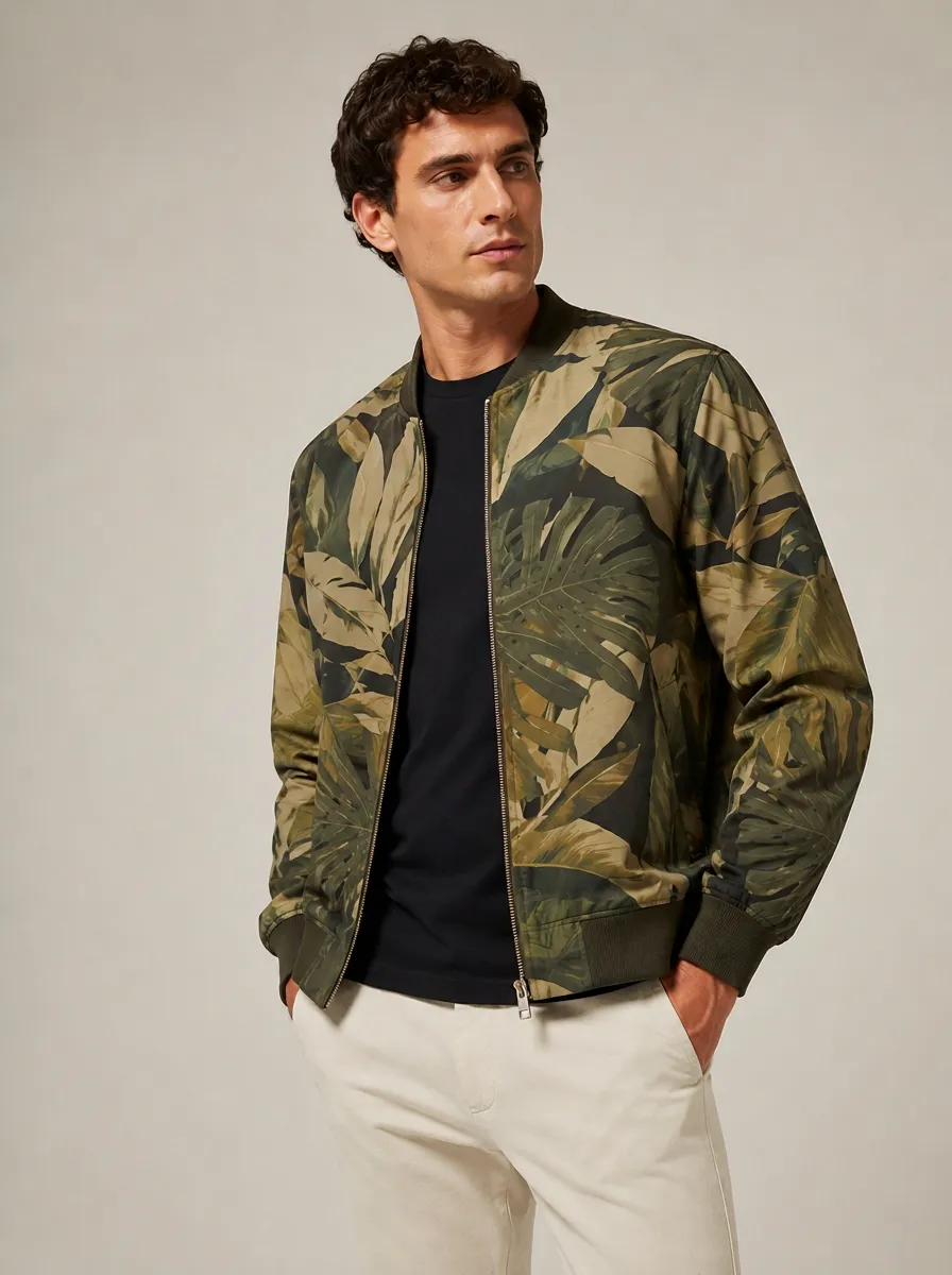 Men's Tropical Print Bomber Jacket with All-Over tropical leaf print and