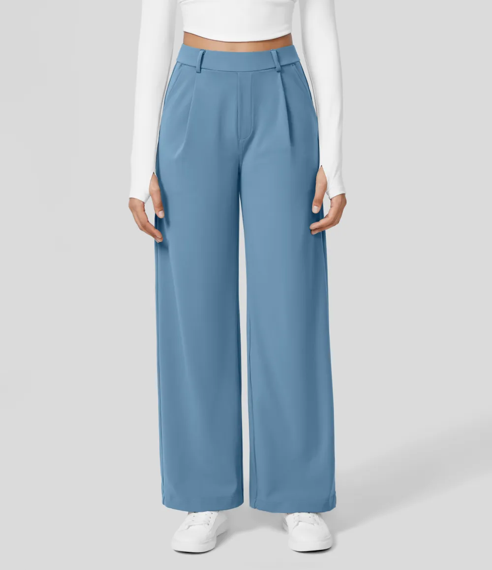 2026🔥  High Waisted Plicated Side Pocket Straight Leg Work Pants