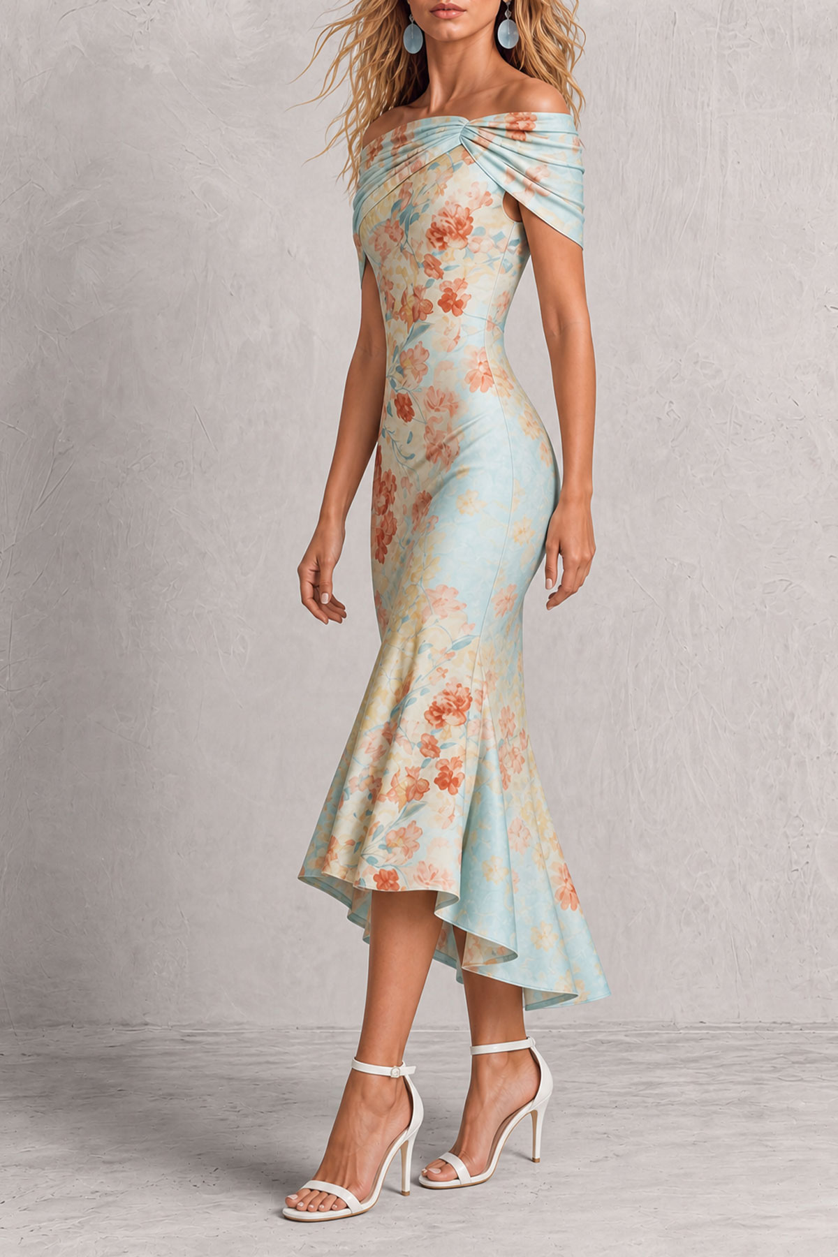 Off Shoulder Ruffle Floral Midi Dress