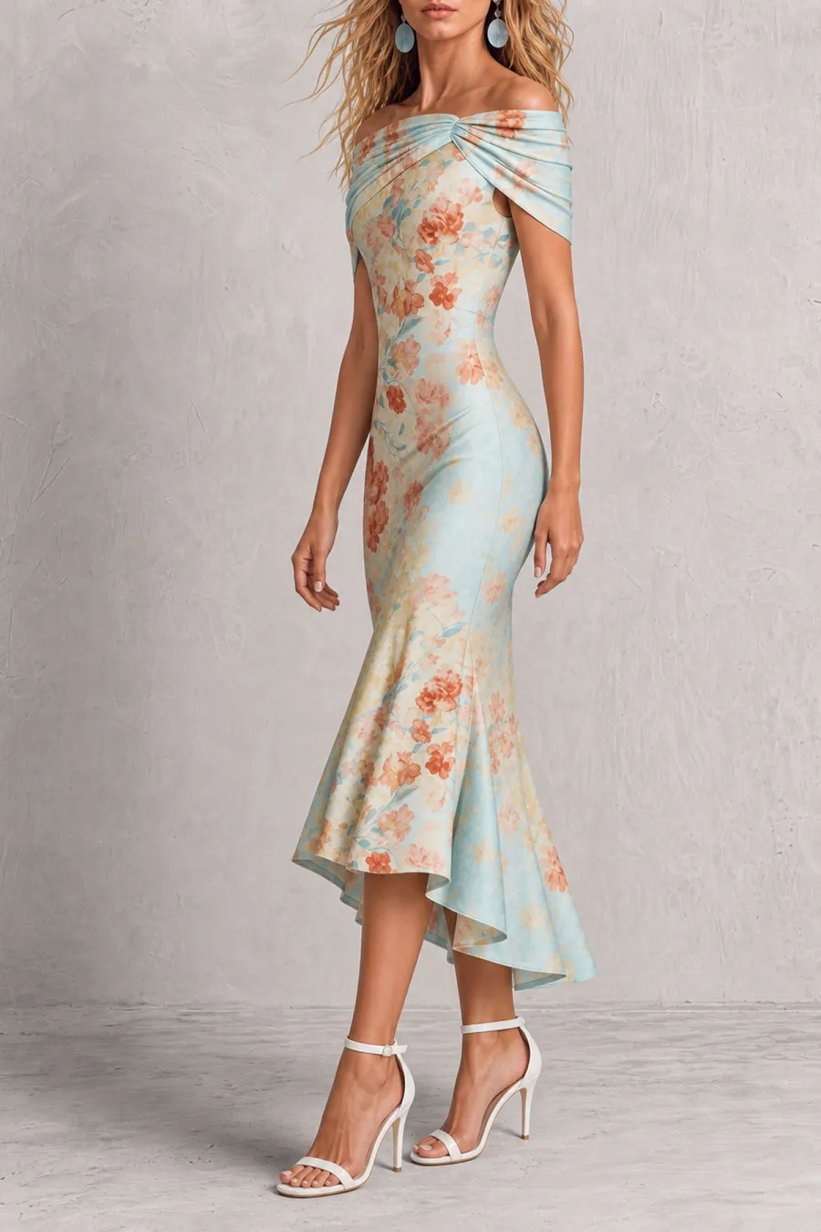 Off Shoulder Ruffle Floral Midi Dress