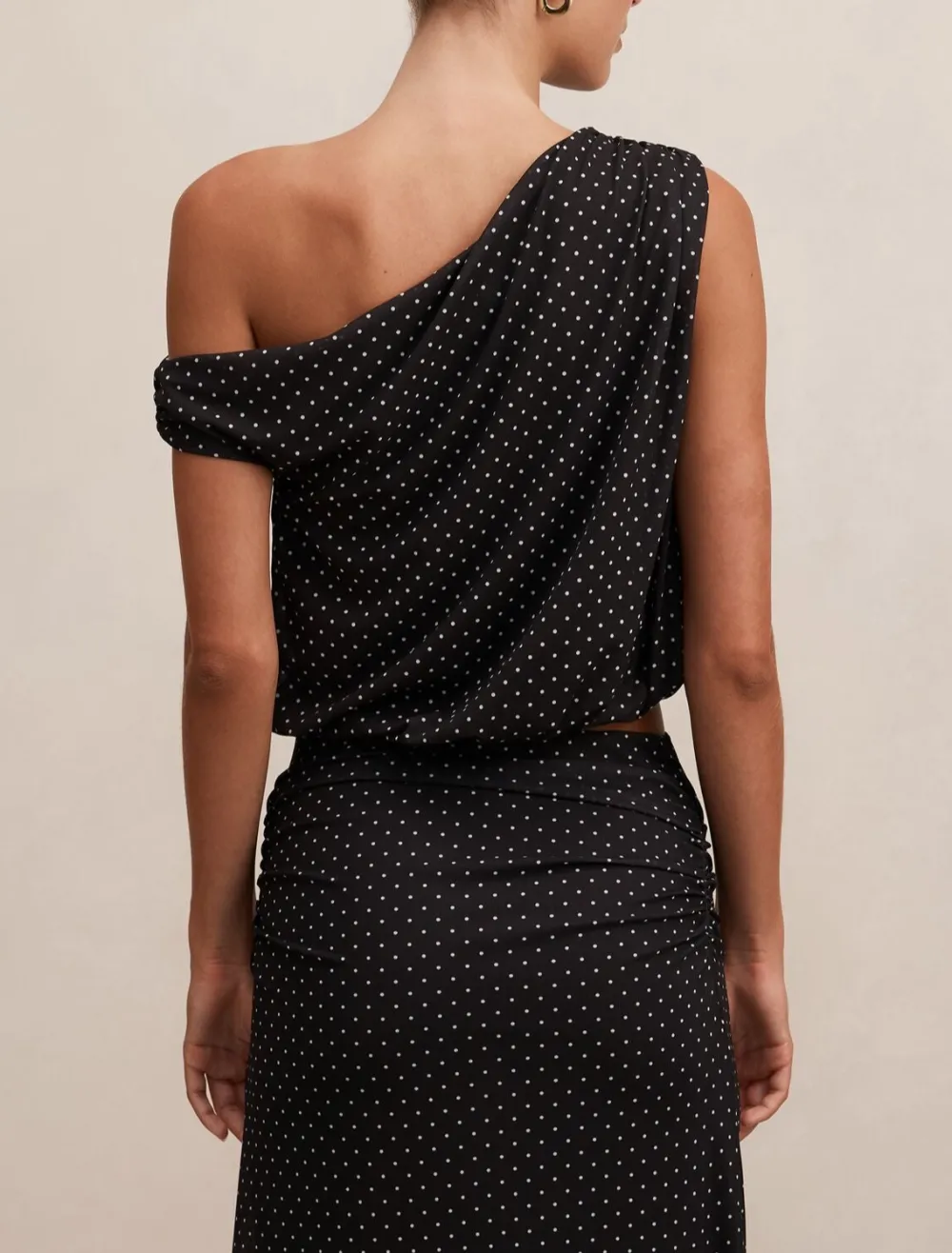 Black Polka Dot One-Shoulder Drape Top