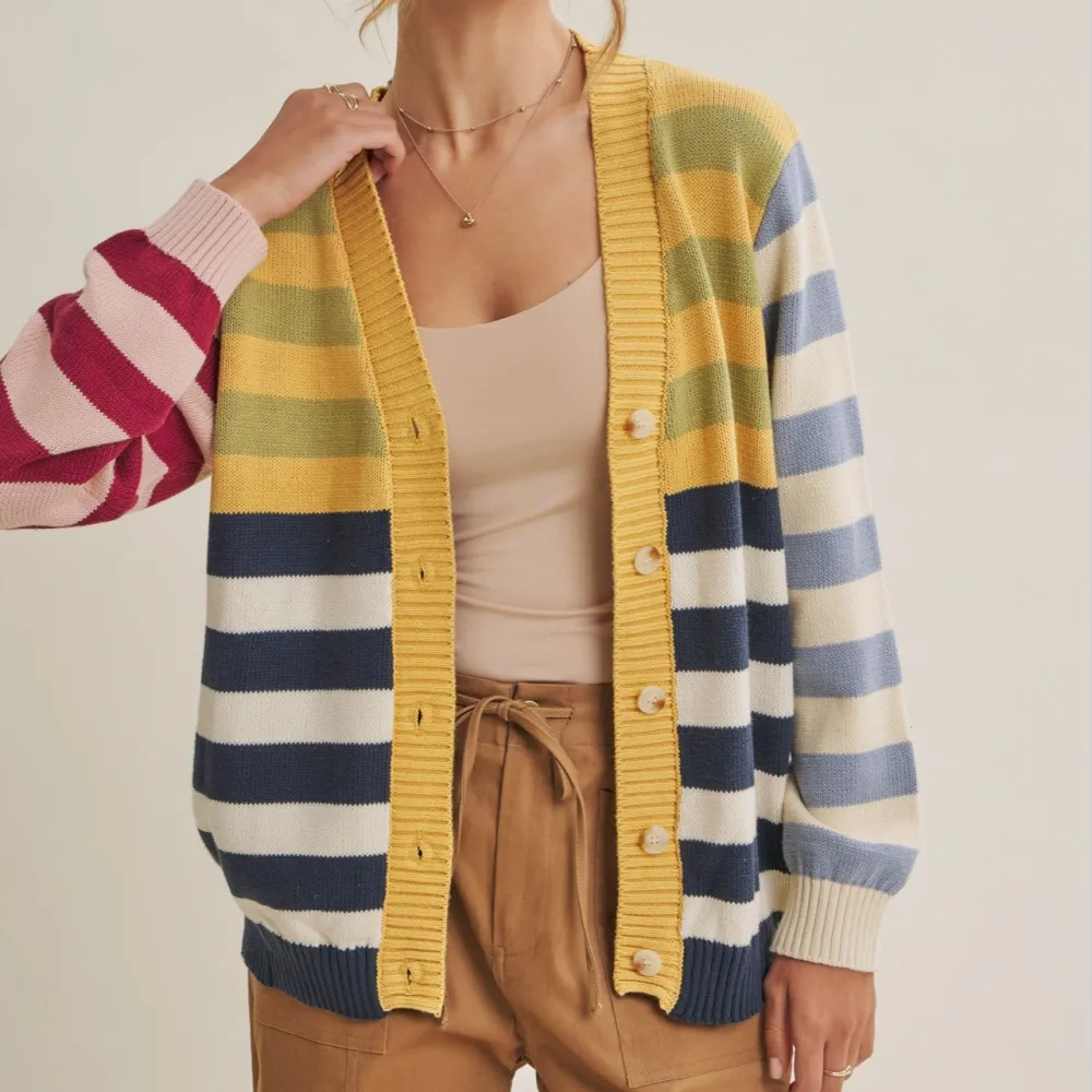 Classic Ribbed Button Front Color Block Striped Cardigan