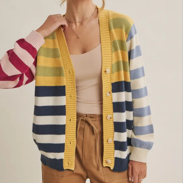 Classic Ribbed Button Front Color Block Striped Cardigan