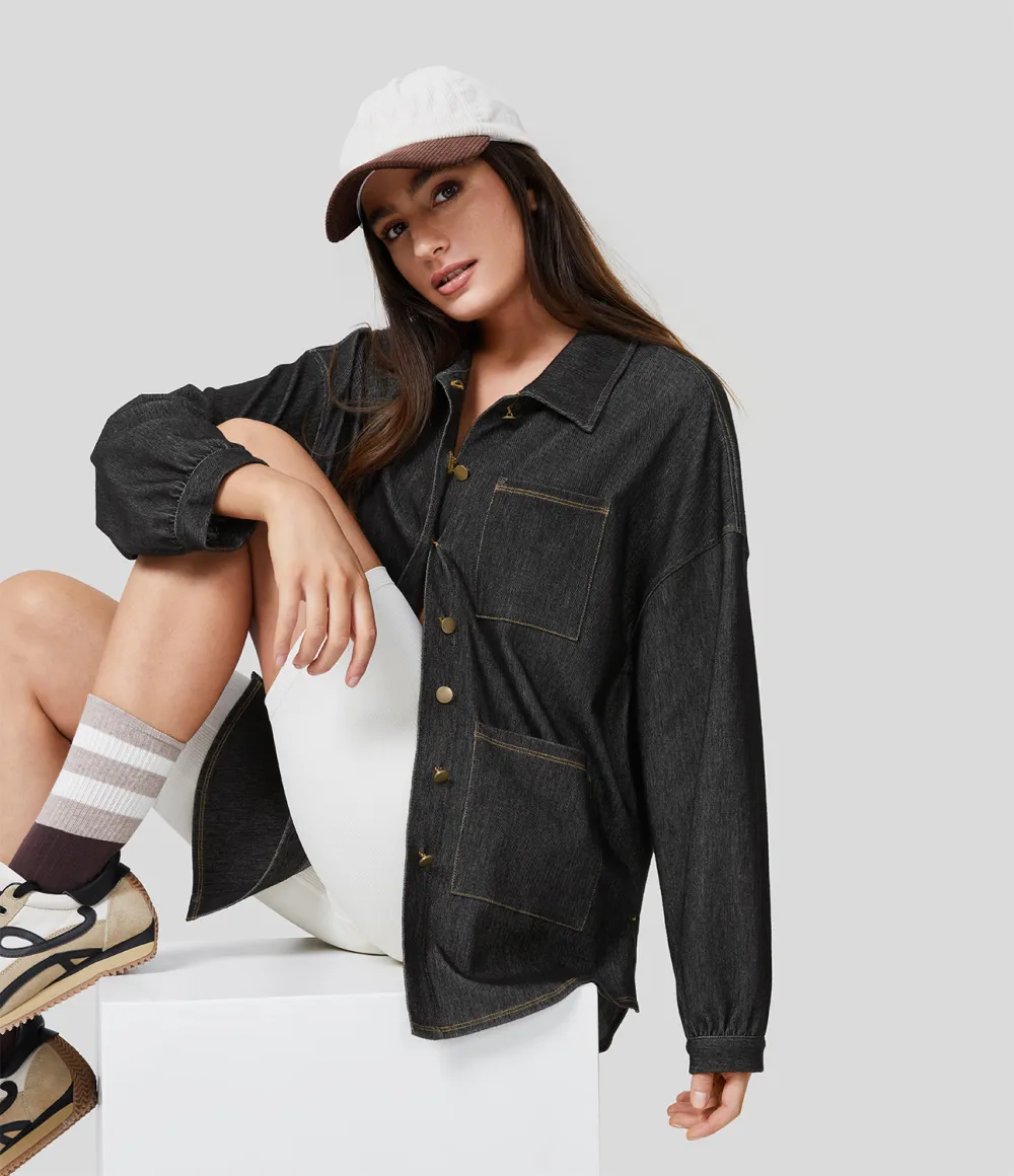 Magic Collared Multiple Pockets Button Front Split Curved Hem Stretchy Knit Denim Work Oversize Jacket