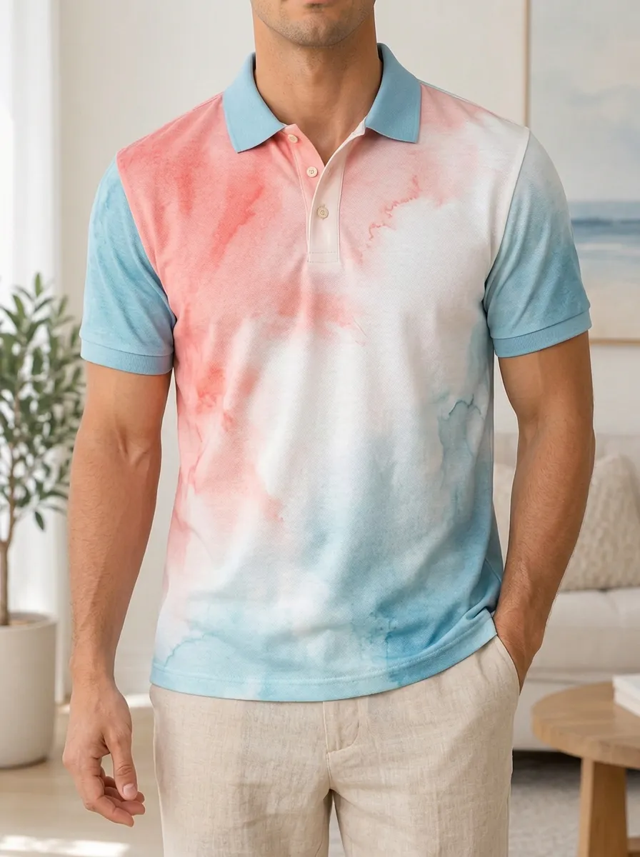 Men's Watercolor Tie-Dye Pink Blue Printed Polo Shirt