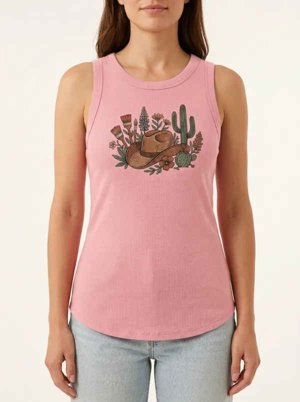 Cowboy-Hat Cactus Built-In Bra Tank Top
