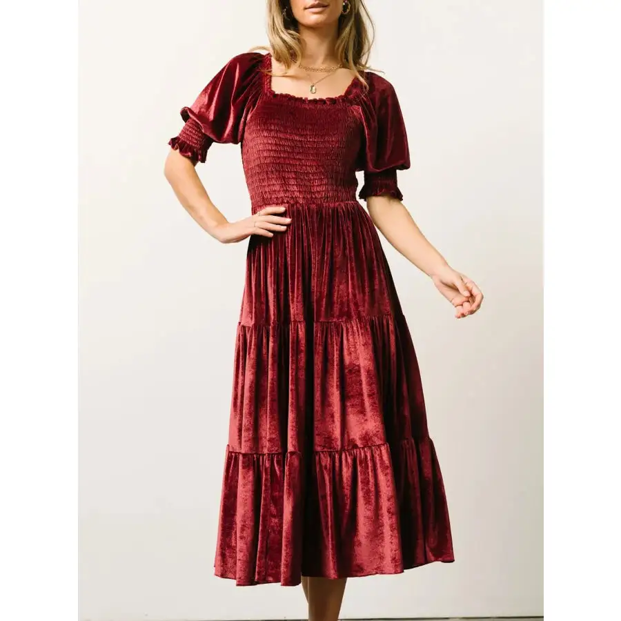 Smocked Half Sleeve Tiered Midi Dress