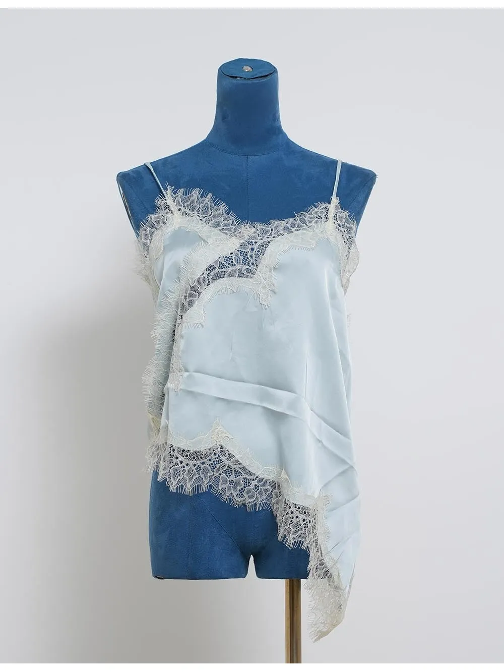 Satin Lace Trim V Neck Irregular Hem Cami Top