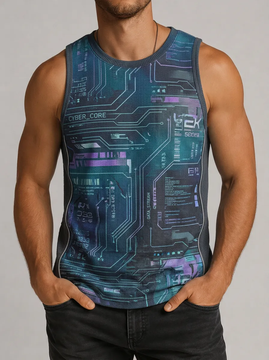 Men's Cyberpunk Techwear Circuit Board Printed Tank Top