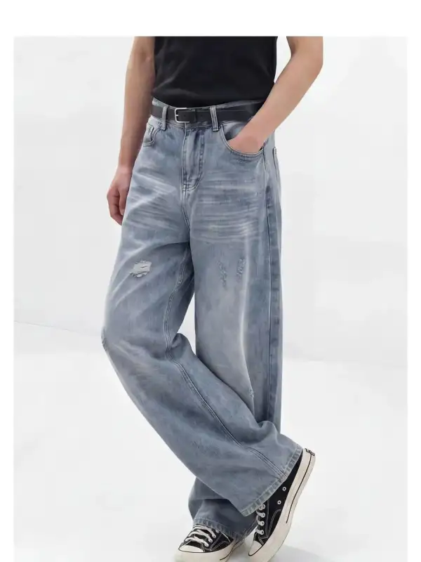 Washed Distressed Wide Leg Jeans