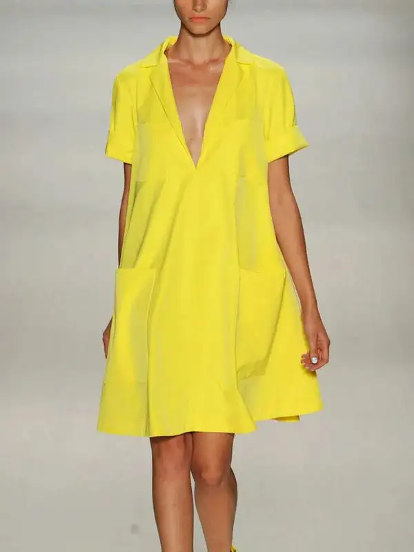 Relaxed Short Sleeve Pocket Solid Color Notched Collar Mini Dress