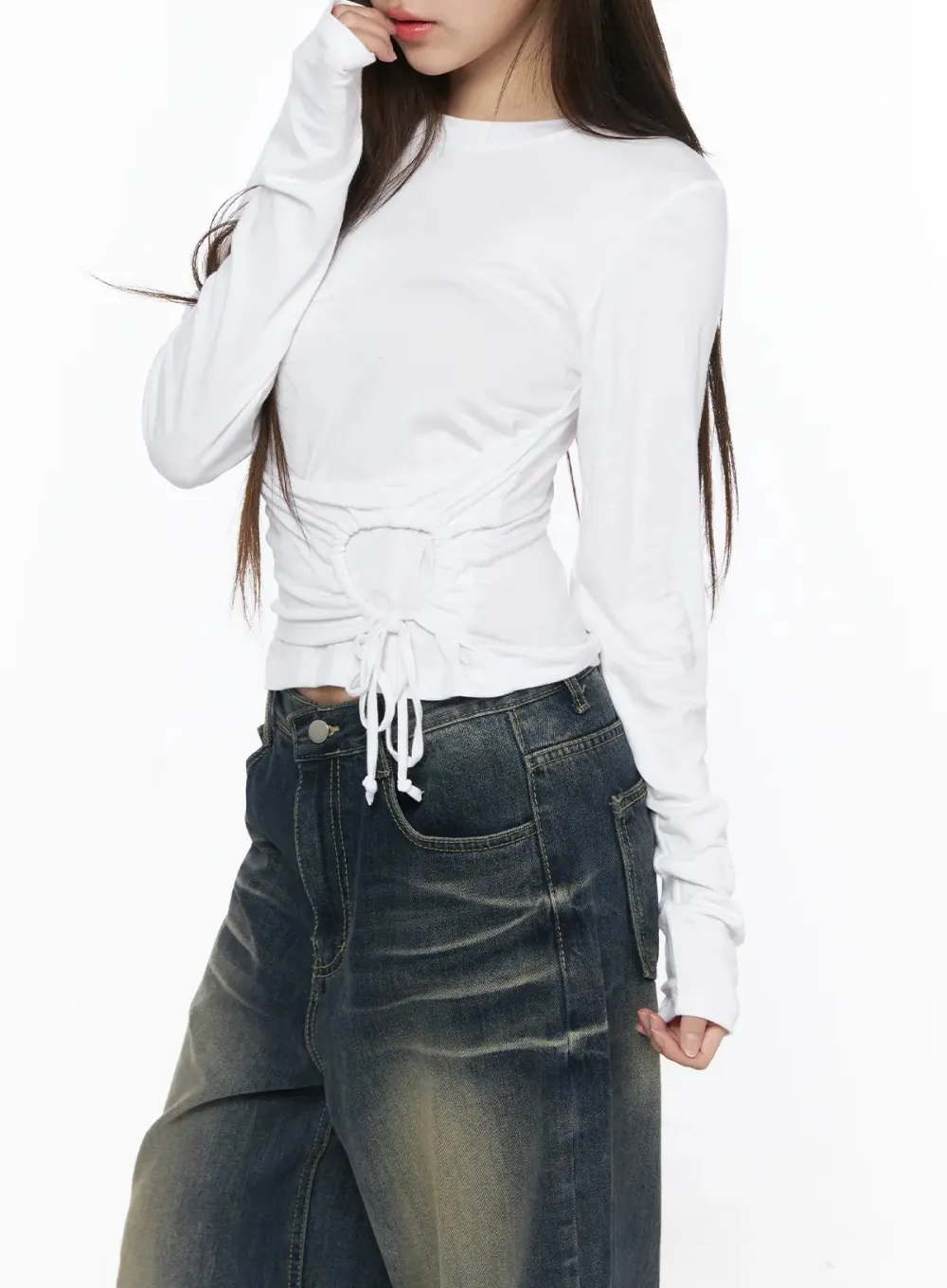 Ruched Drawstring Long Sleeve Top