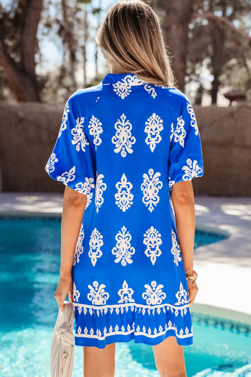 Women's Geometric Print Printed Collared Puff Sleeve Mini Dress