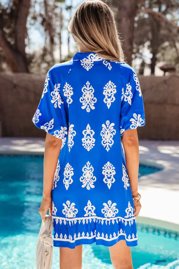 Women's Geometric Print Printed Collared Puff Sleeve Mini Dress