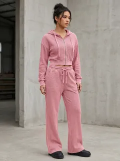 Women's Modern Waffle Knit Sport Inspired Cropped Hooded Jacket and Flare Pants Active Set