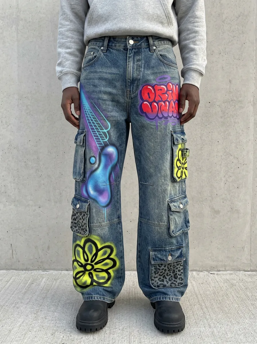 Men's Streetwear Graffiti Flower Leopard Graphic Cargo Jeans