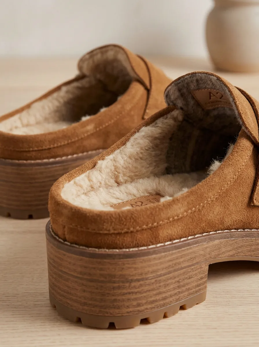 Women's Classic Faux Fur Lined Buckle Detail Clog Style Casual Suede Wood Sole Loafers