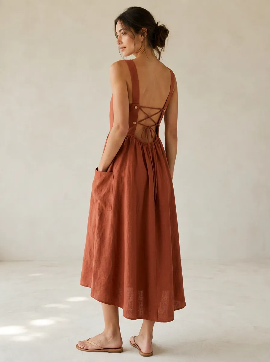 Women's Free-Flowing Casual Lace-Up Linen Midi Backless Dress
