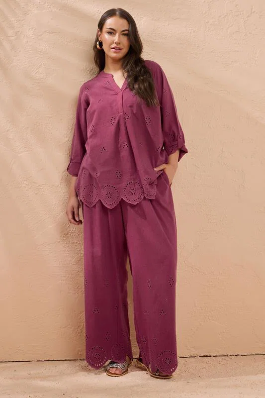 Burgundy Red Broderie Hem Linen Trousers detail 3