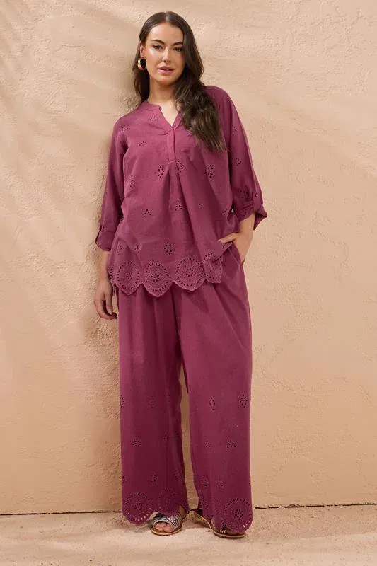 Burgundy Red Broderie Hem Linen Trousers