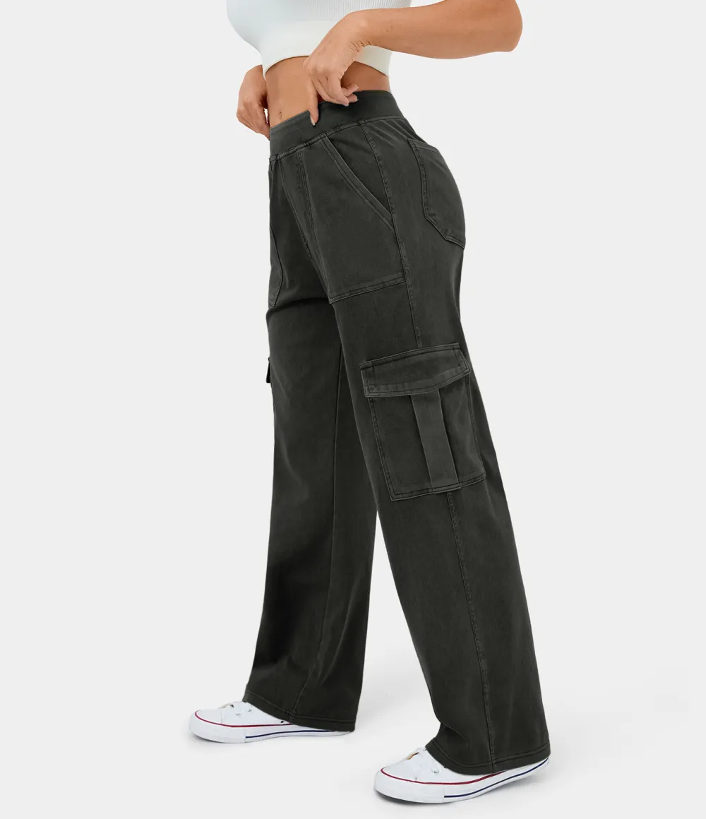 Magic Mid Rise Multiple Pockets Straight Leg Stretchy Knit Casual Cargo Jeans