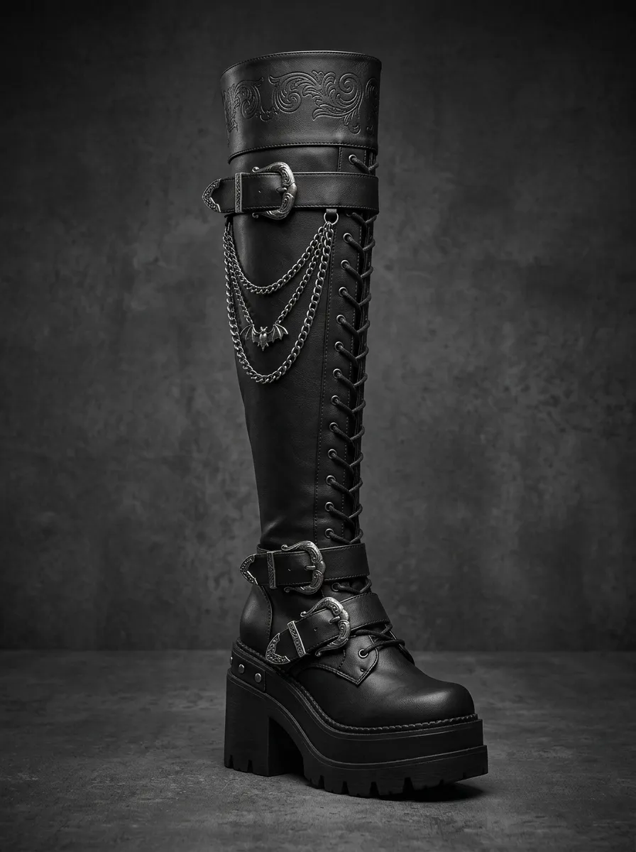 Classic Gothic Bat Lace Lace-Up Design Women's Gothic Platform Knee High Boots
