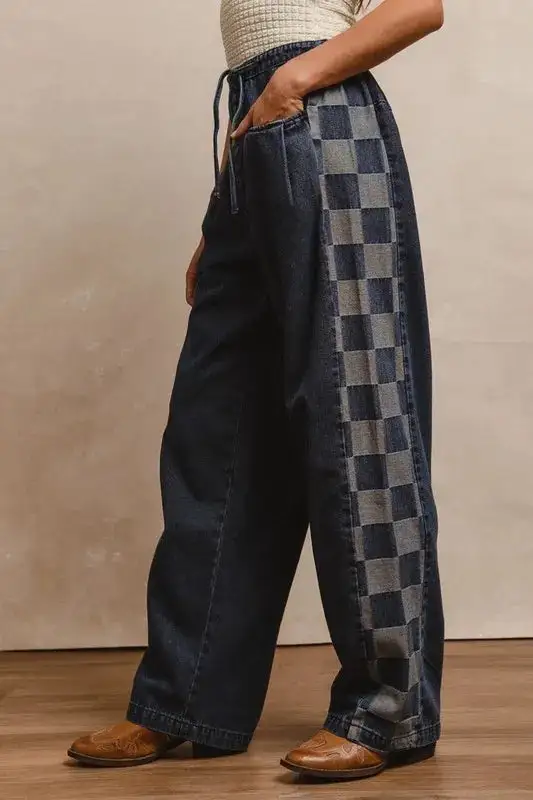 Denim High Rise Wide Leg Drawstring Jeans